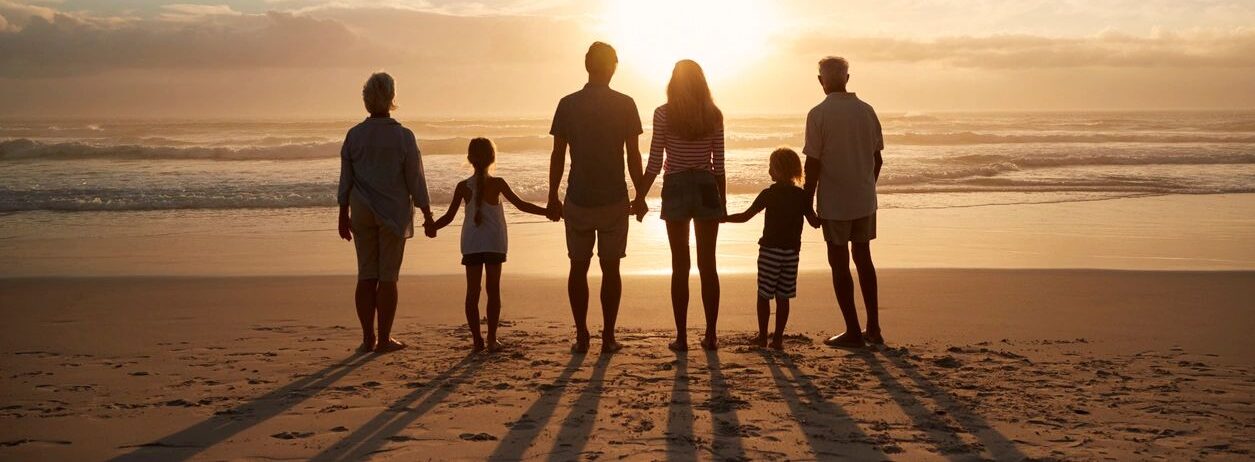 Family group wearing matching shirts holding hands on the beach
